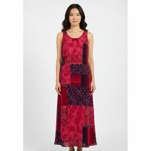 Vibrant Patchwork Print Sleeveless Maxi Dress in Red and Purple Abstract Vintage